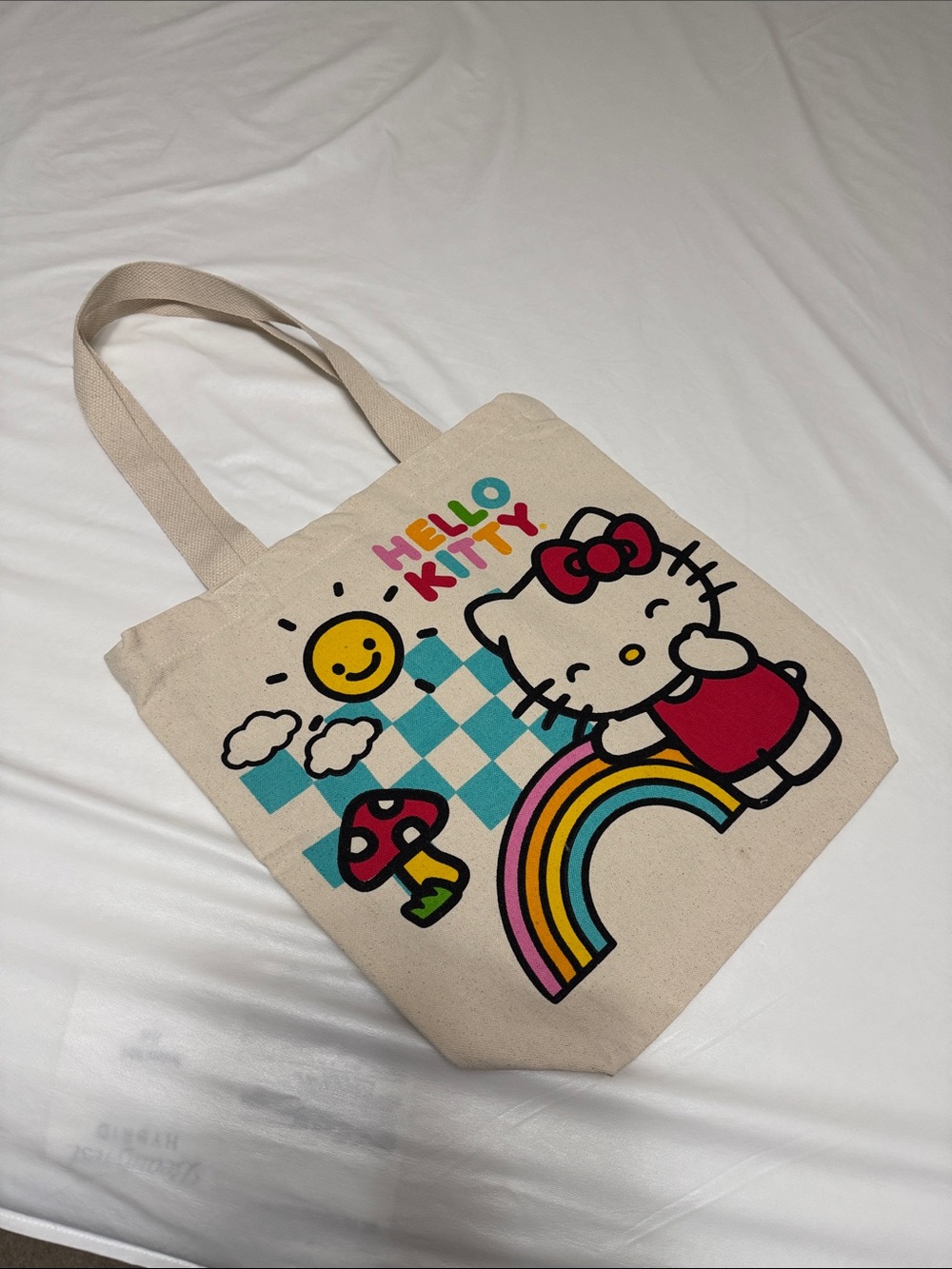 Hello Kitty Cream Canvas Tote with Rainbow & Sun Graphic